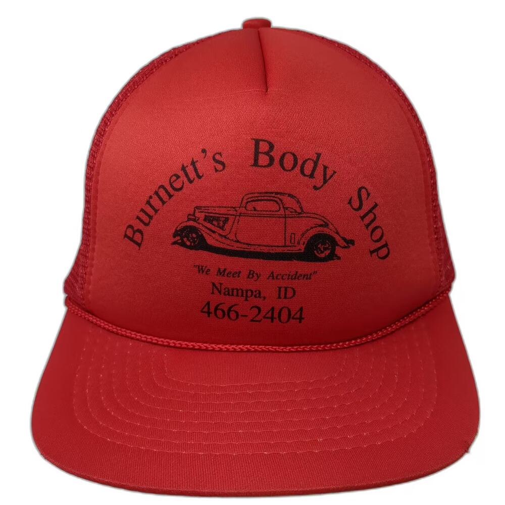 Speedway Trucker Hat Red Black OS Burnett's Body Shop Car Graphic Snapback